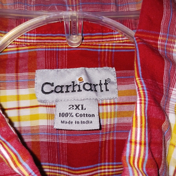 Carhartt Short Sleeve Button Down Shirt Red Yellow White Blue Check Men's 2XL - Picture 5 of 5